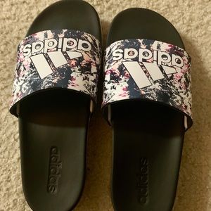 Size 8 multi color adidas slides.